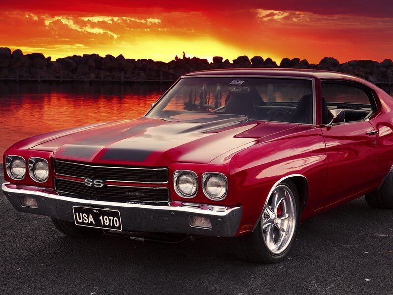 Red Muscle Car — Dramatic, Sunset, Photograph, Water