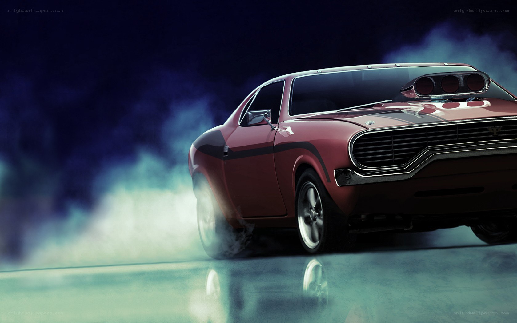 red muscle car drifting