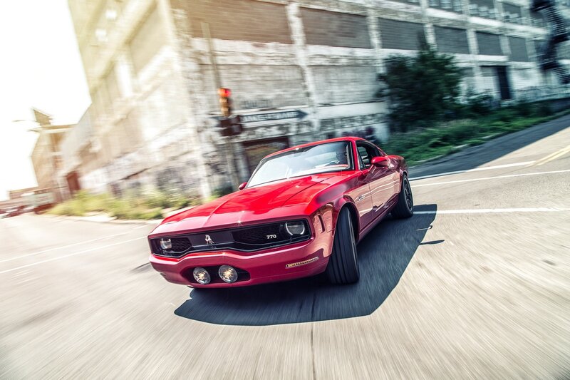 Red Muscle Car — Dynamic, Afternoon, Photograph, Road, Building, Traffic Light