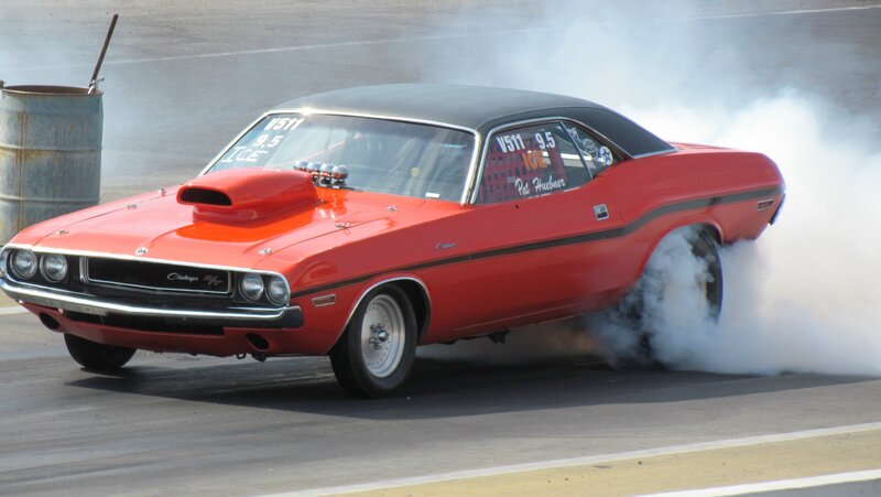 Red Muscle Car — Dynamic, Afternoon, Photograph, Smoke