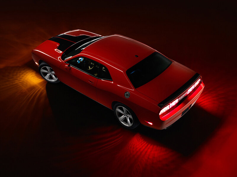 Red muscle car from above