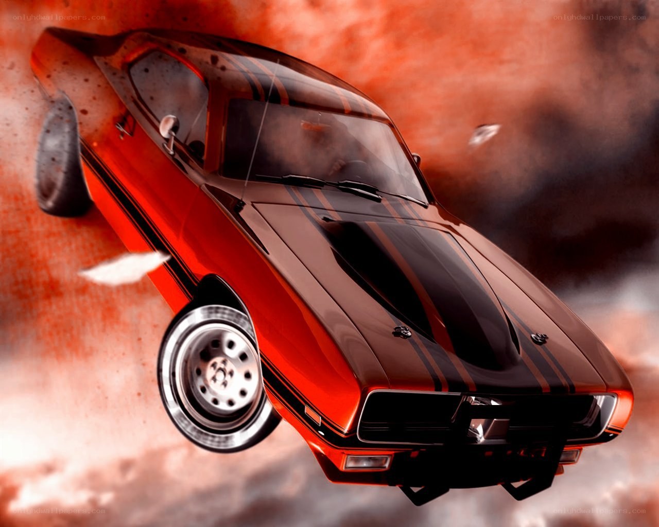 Red muscle car in motion