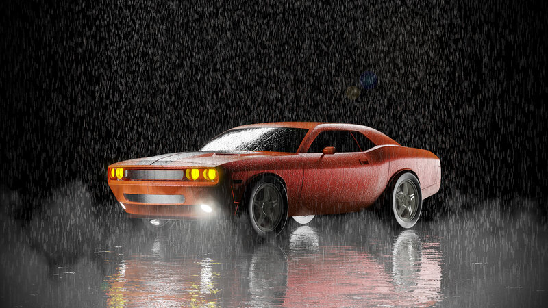 Red Muscle Car in Rain