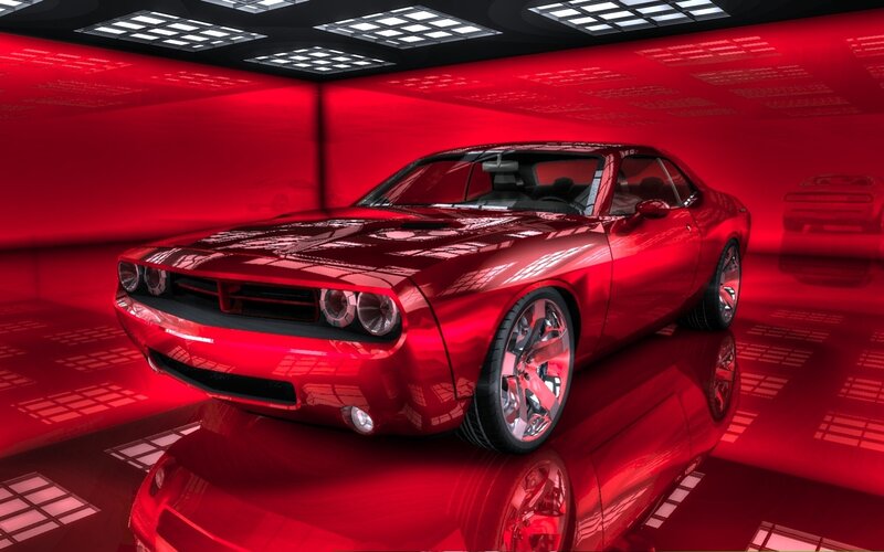 Red muscle car in showroom
