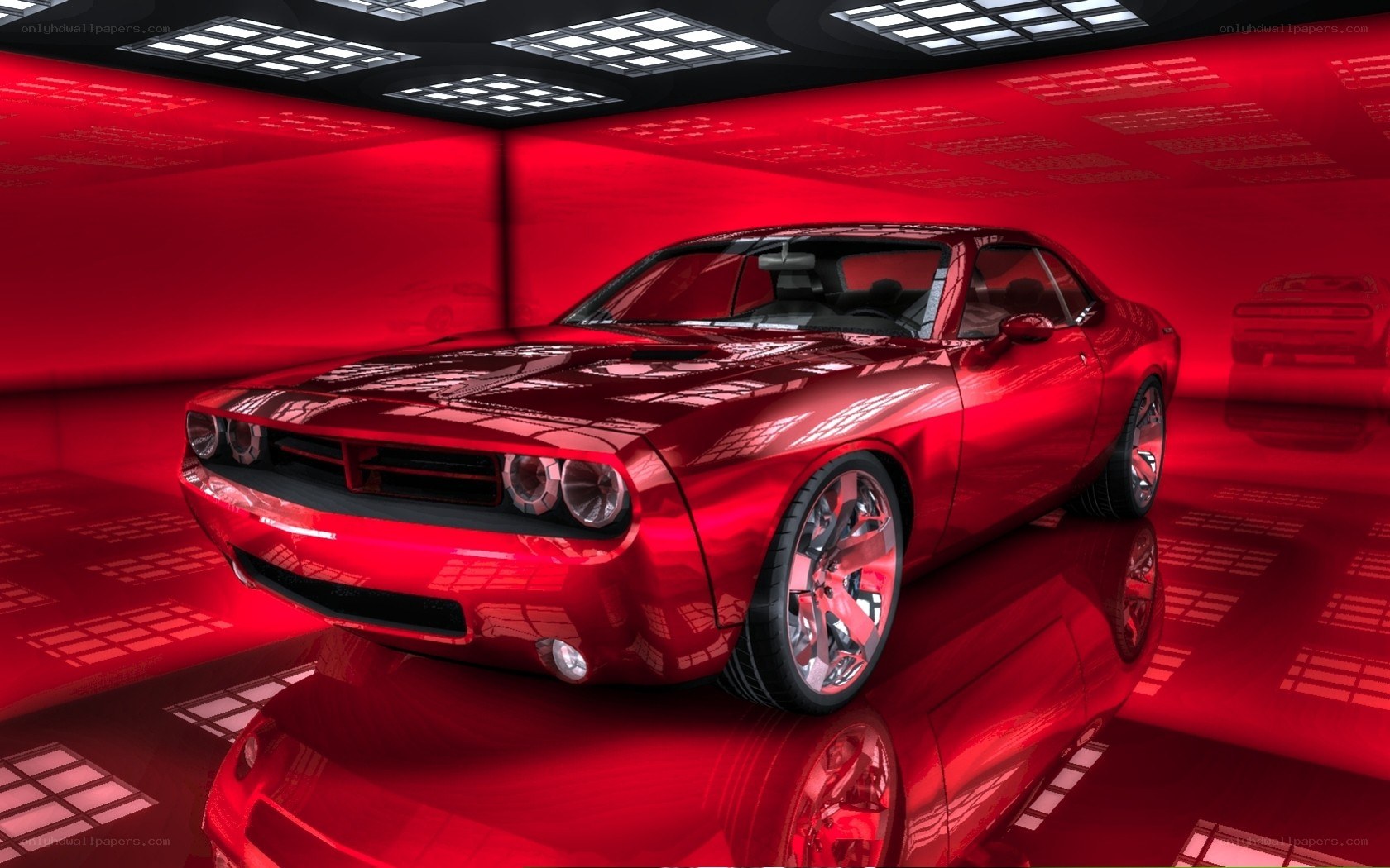 Red muscle car in showroom