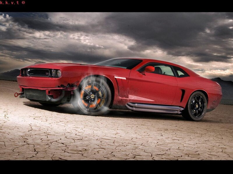 Red muscle car on cracked earth