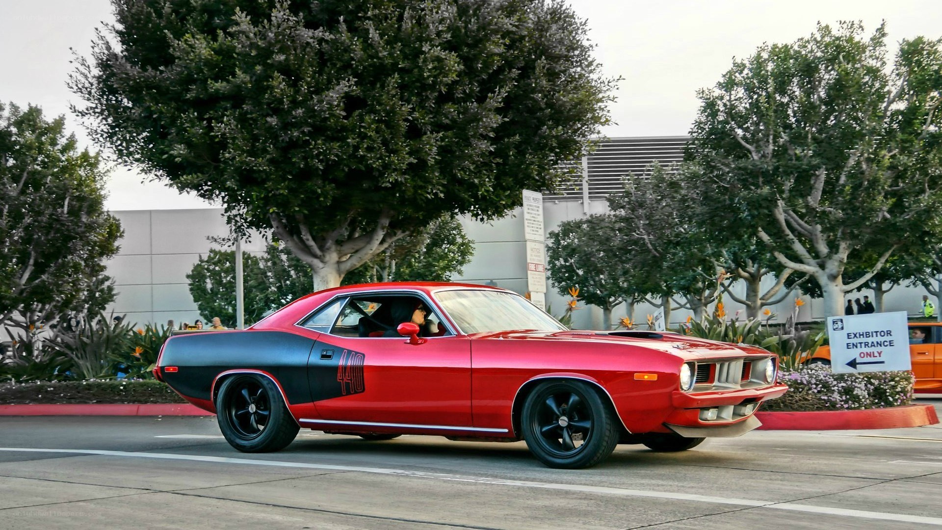 Red muscle car on display