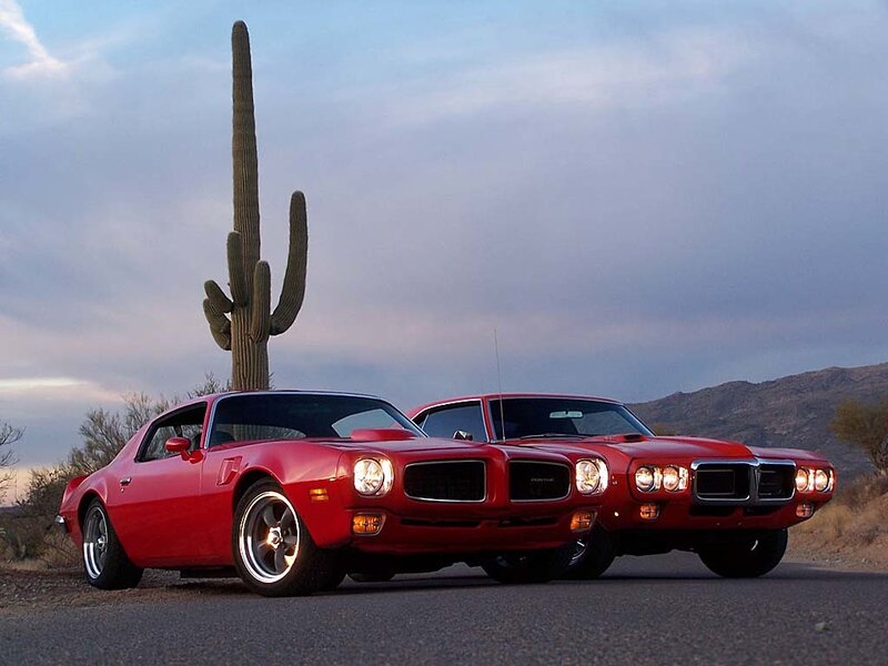 Red muscle cars in desert