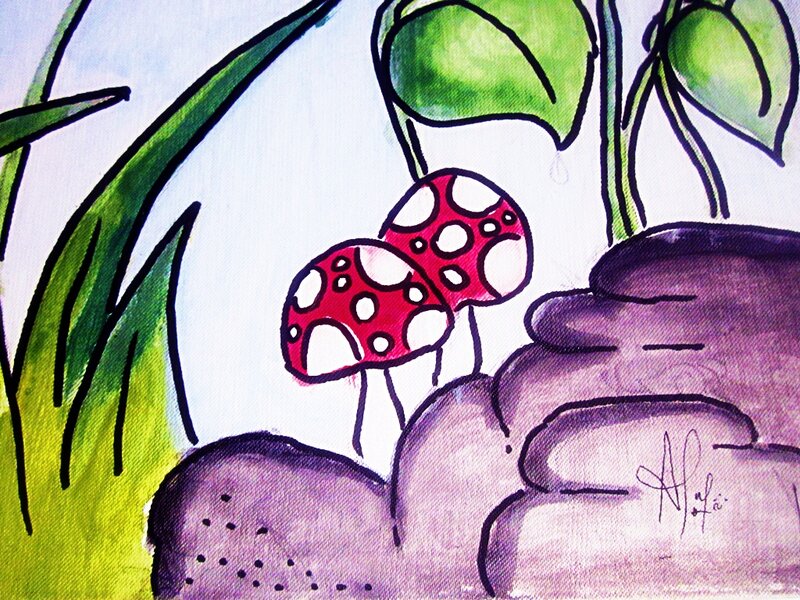 Red Mushrooms in Forest — Green, Calm