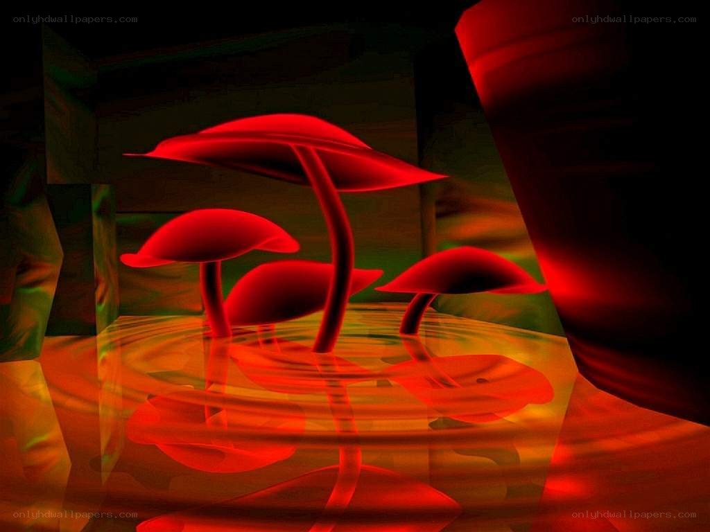 Red mushrooms in glowing liquid