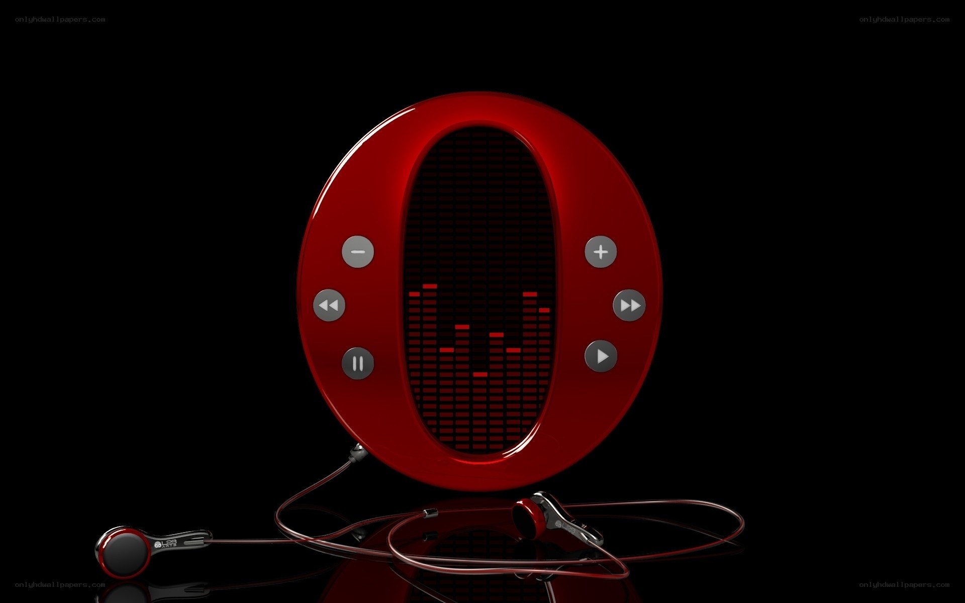 Red music player with earbuds