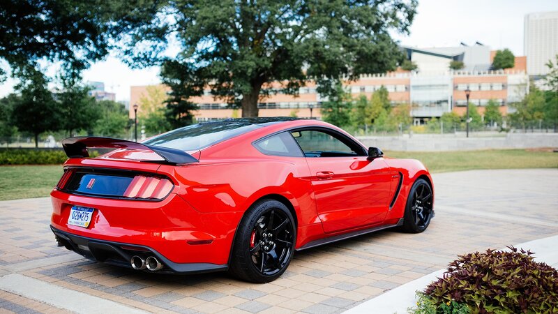 Red Mustang Car — Calm, Afternoon, Photograph, Tree