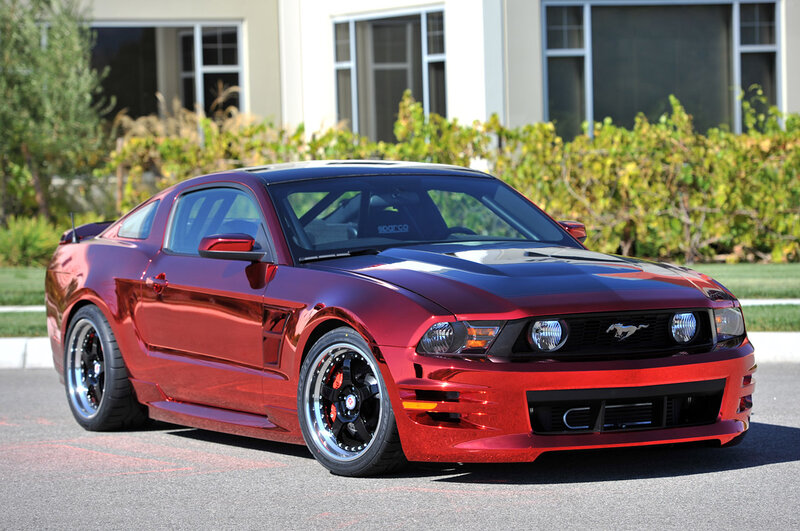 Red Mustang Car — Dramatic, Afternoon, Photograph, Building