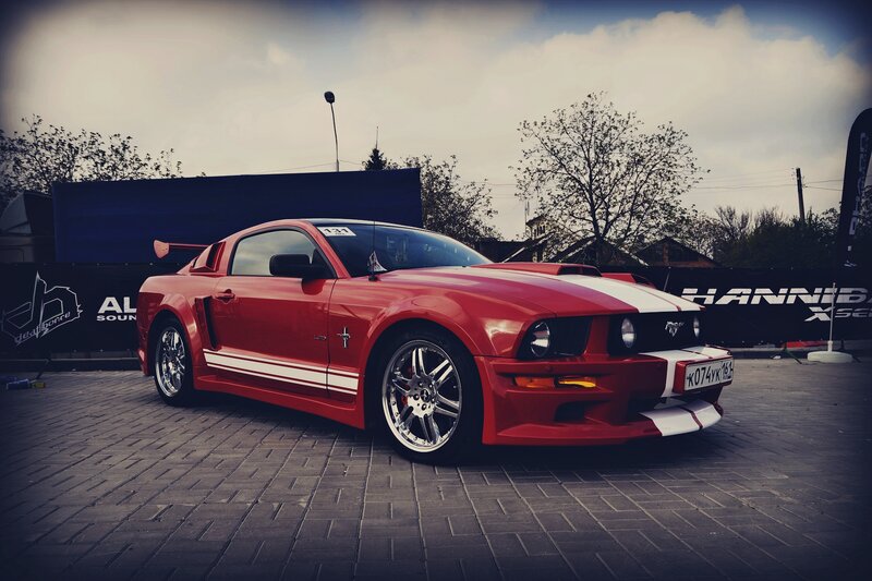 Red Mustang Car — Dramatic, Afternoon, Photograph, Tires