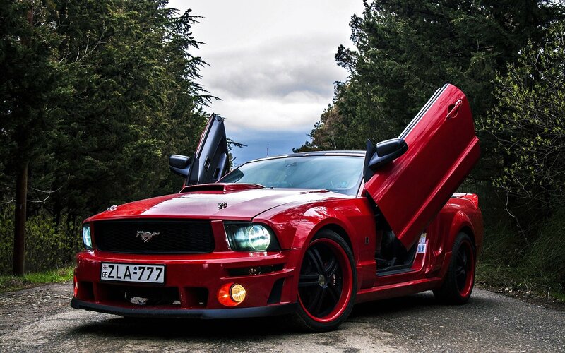Red Mustang Car — Dramatic, Afternoon, Photograph, Trees
