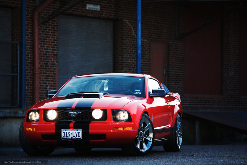 Red Mustang Car — Dramatic, Night, Photograph, Brick Building