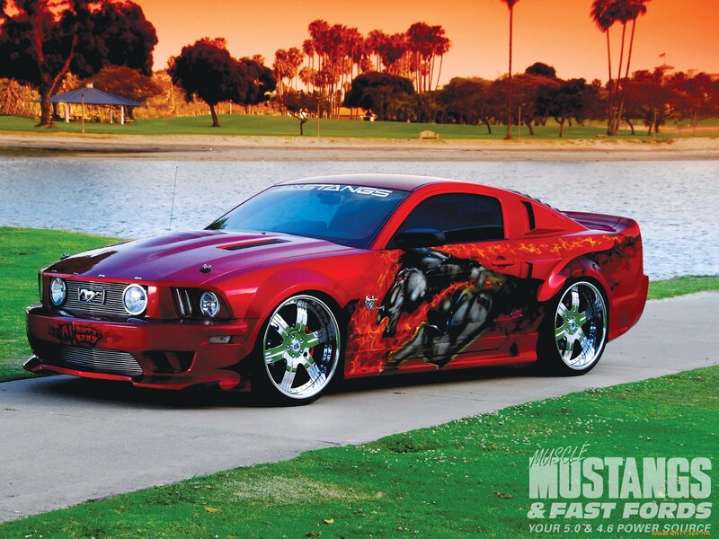 Red Mustang Car — Dramatic, Sunset, Photograph, Lake
