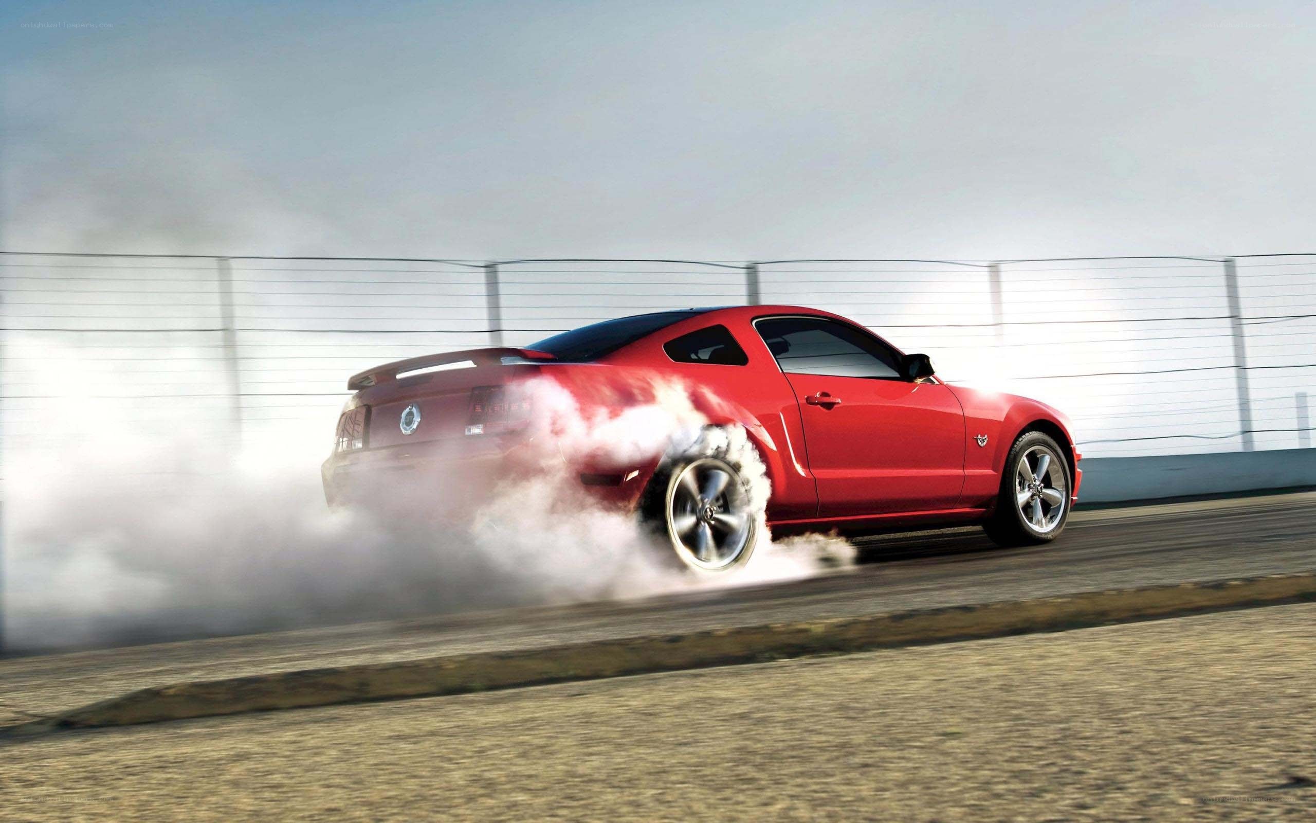 Red Mustang doing burnout