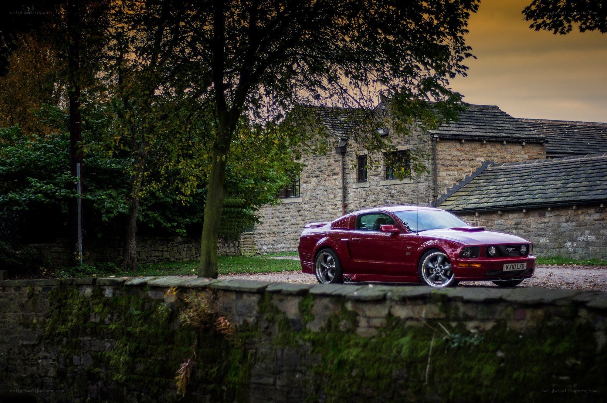 Red Mustang in a rural setting