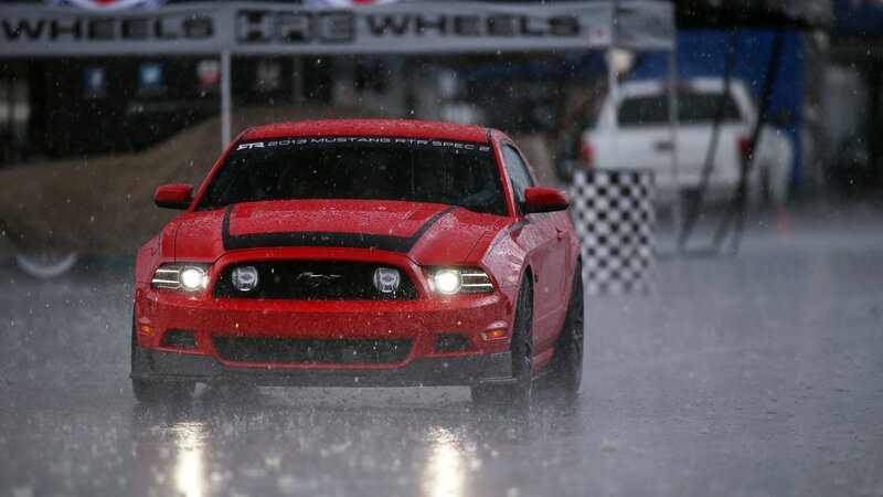Red Mustang in Rain — Dramatic