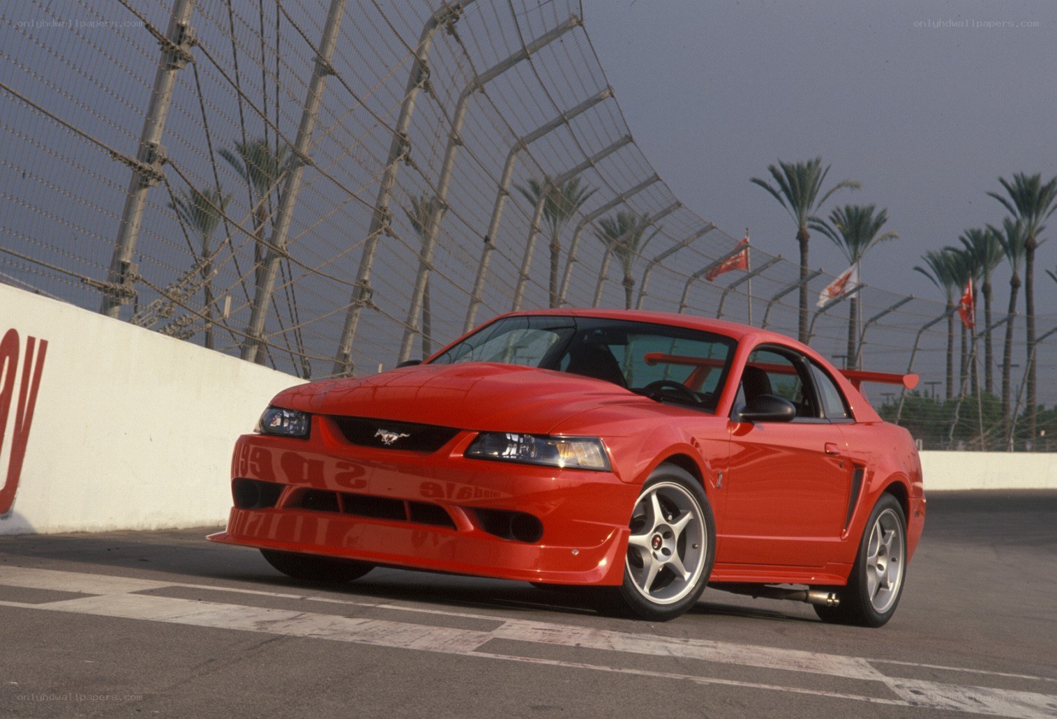 Red Mustang on a racetrack