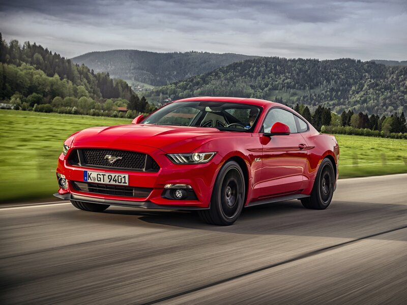 Red Mustang on Road — Dynamic, Afternoon