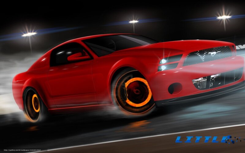Red Mustang racing at night