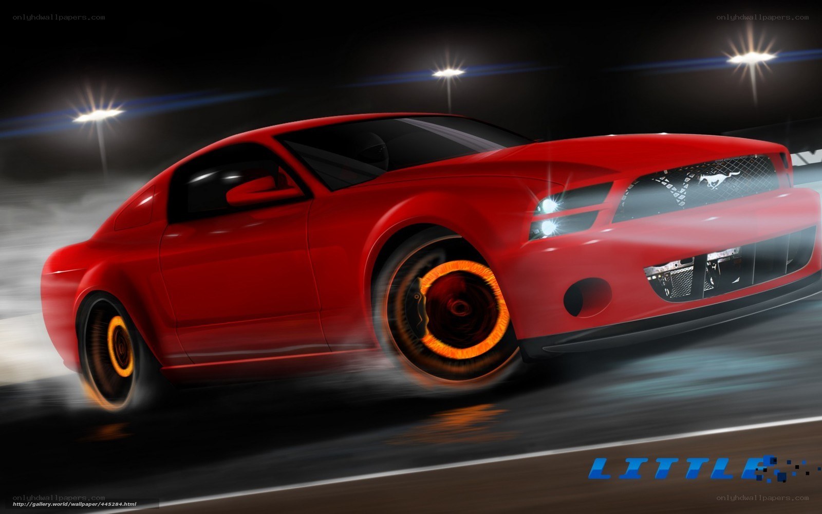 Red Mustang racing at night