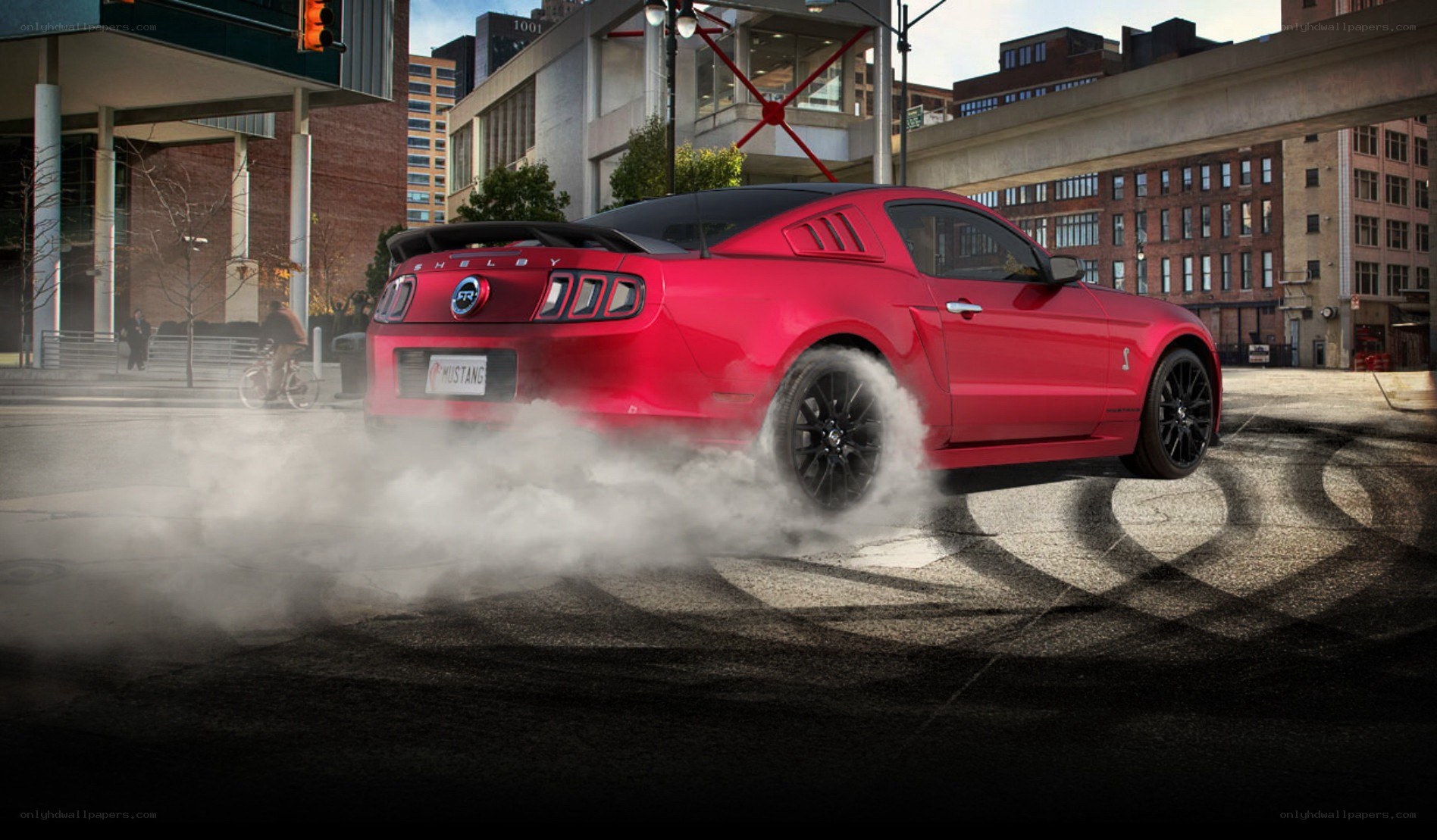 Red Mustang Shelby doing burnout