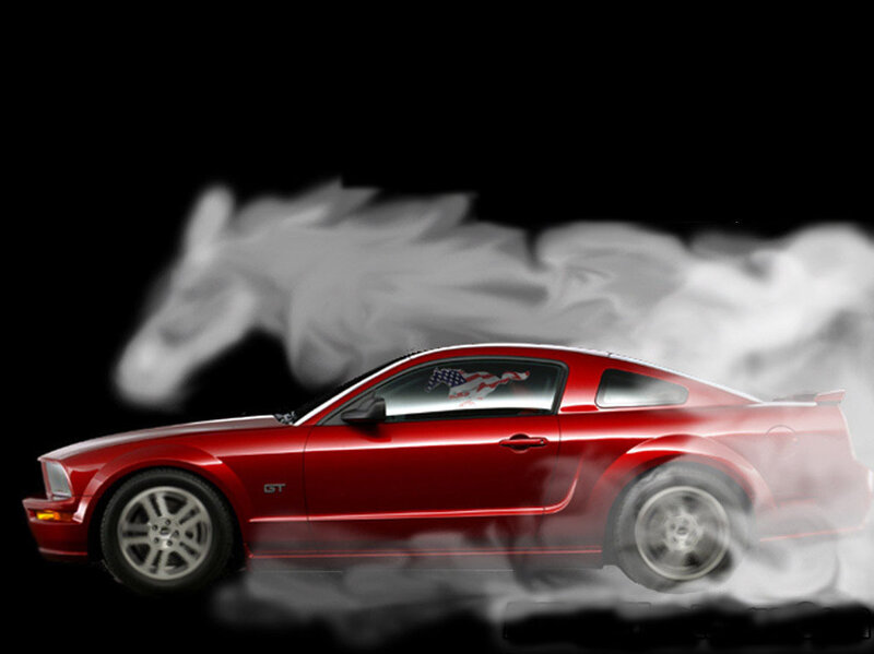Red Mustang with smoke