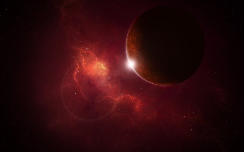 Red nebula and planet