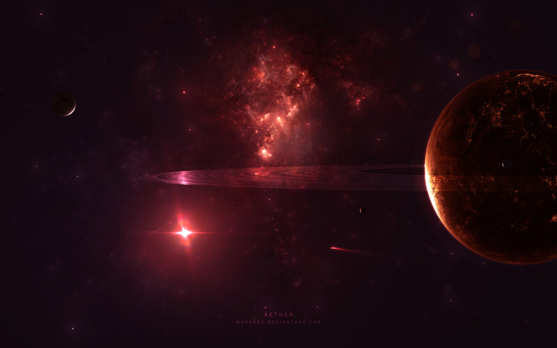 Red Nebula and Ringed Planet