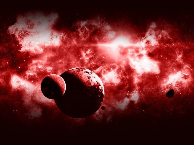 Red nebula with planets