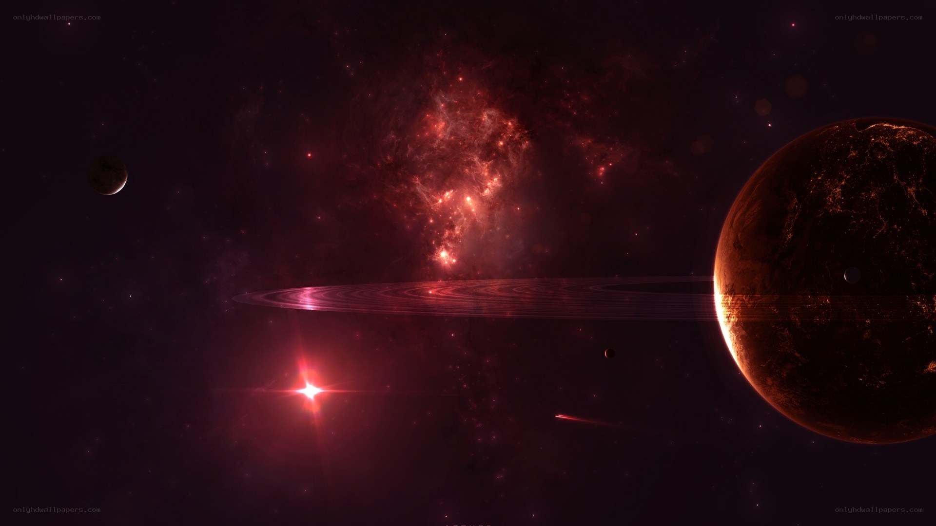 Red nebula with ringed planet
