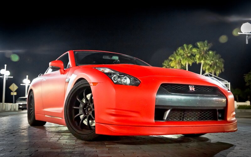 Red Nissan GT-R at night