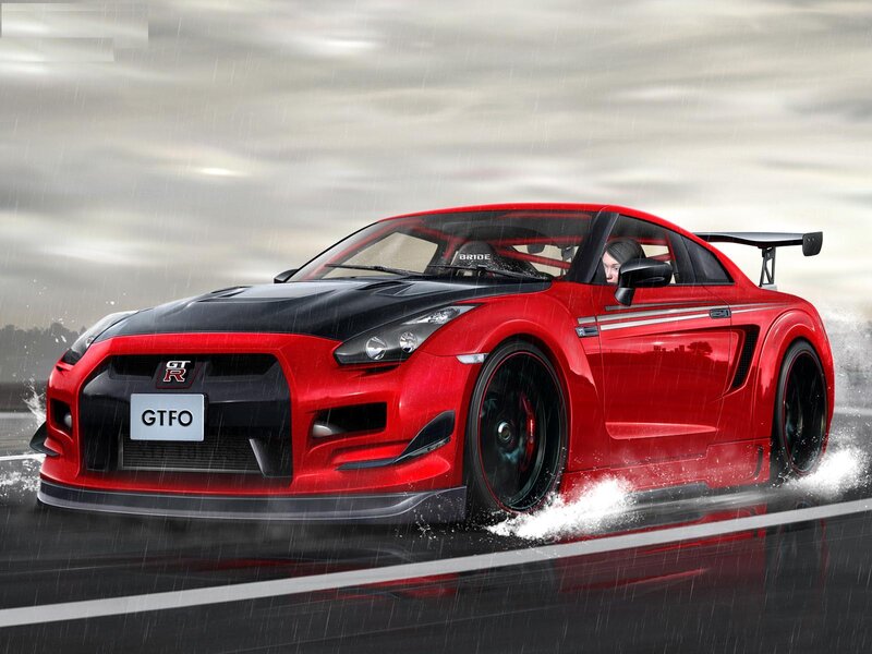 Red Nissan GT-R in rain
