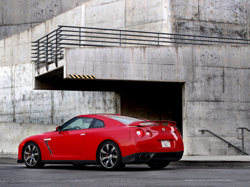 Red Nissan GT-R in urban setting