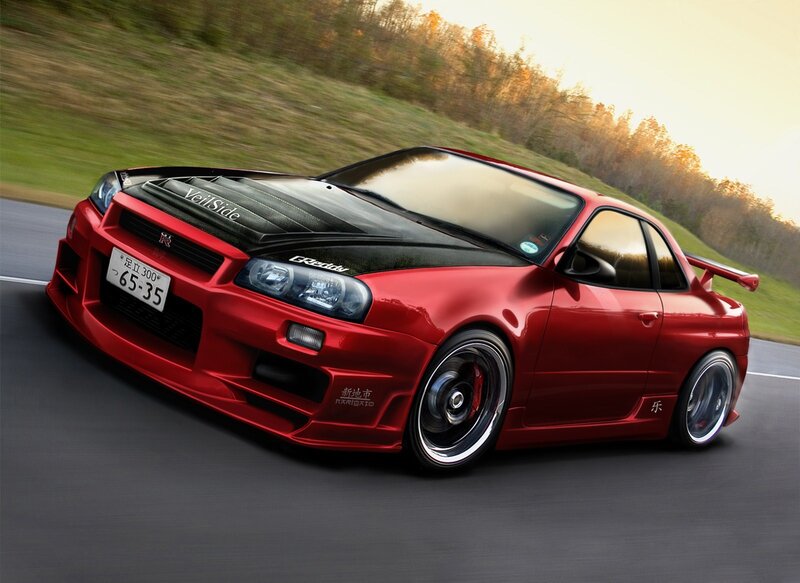 Red Nissan GT-R on a road