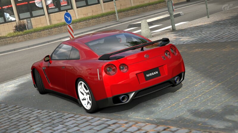 Red Nissan GT-R on city street
