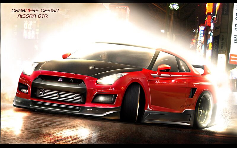 Red Nissan GTR in city
