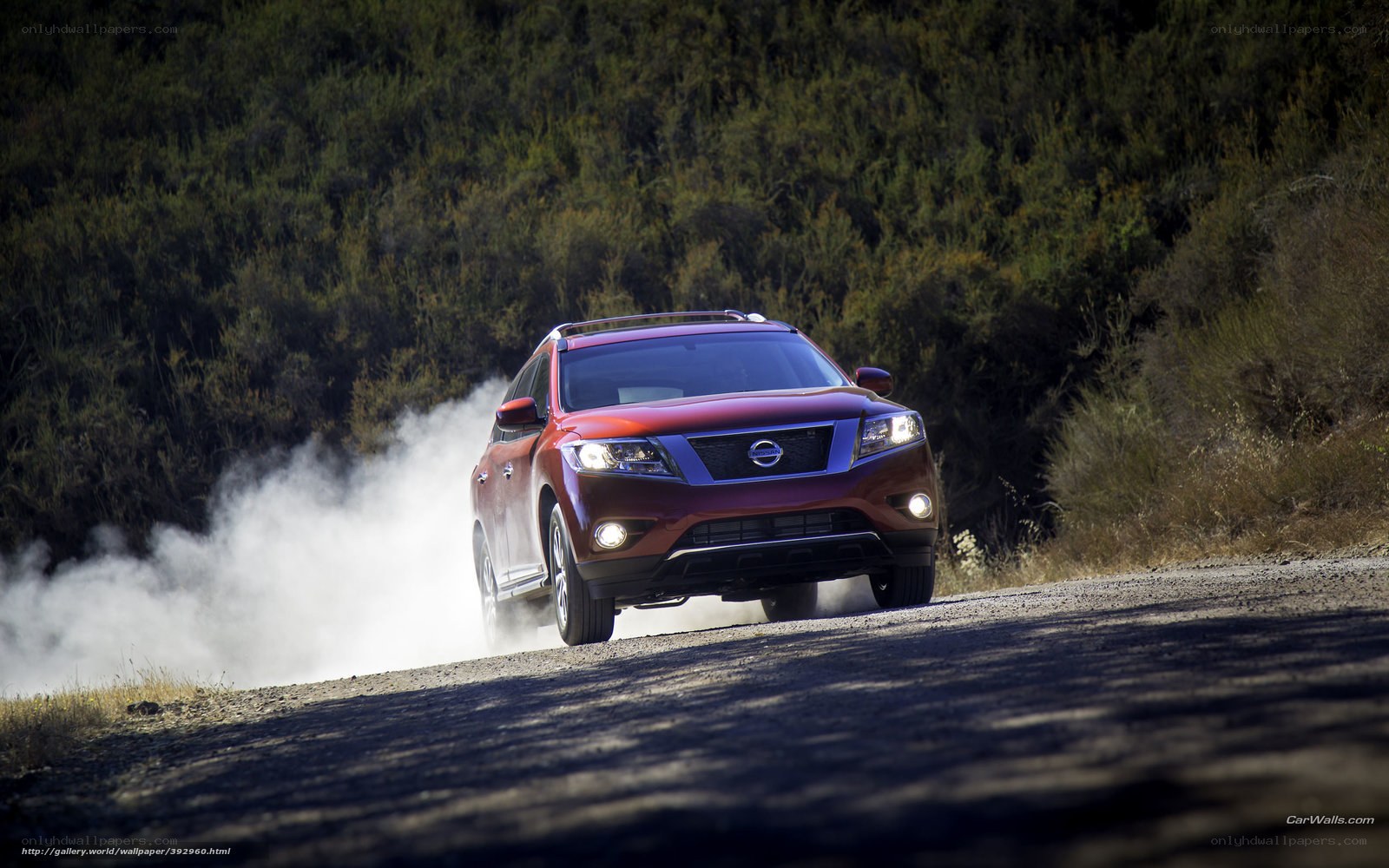 Red Nissan Rogue on dirt road