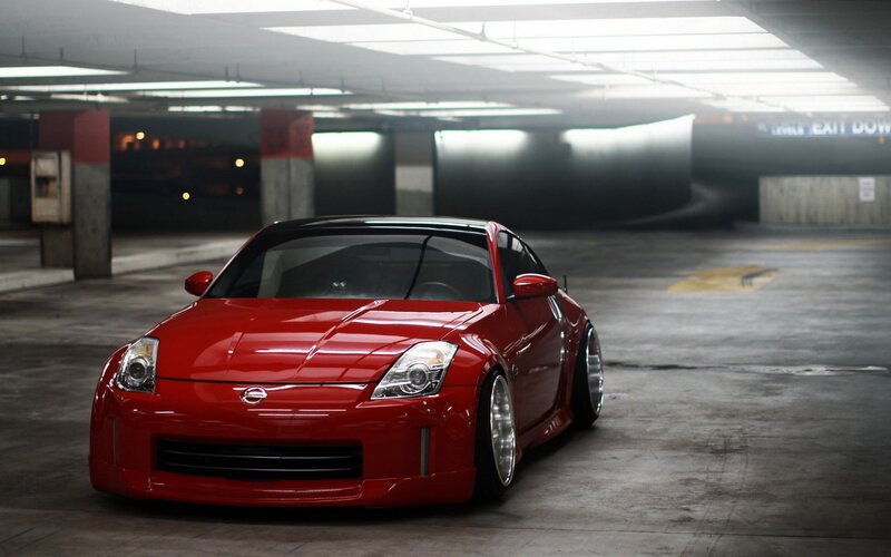 Red Nissan Z in parking garage