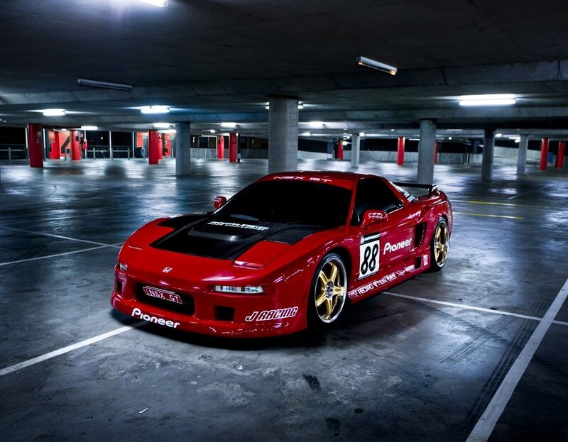 Red NSX GT in parking garage