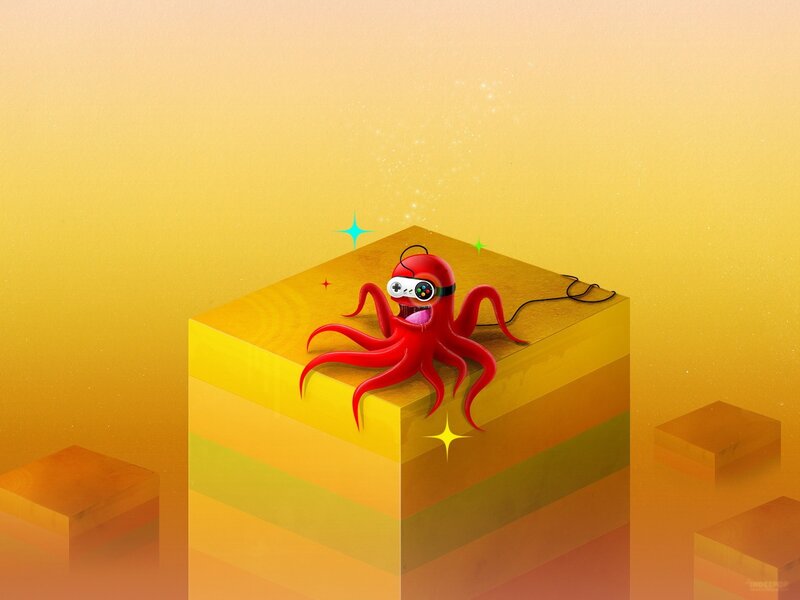 Red octopus with game controller