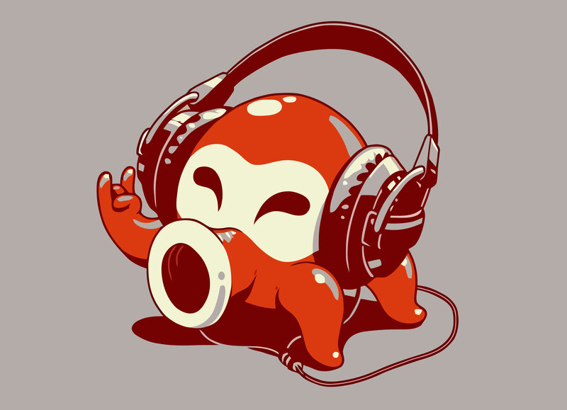 red octopus with headphones