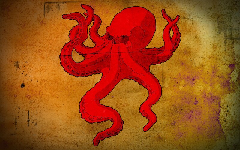 Red octopus with skull