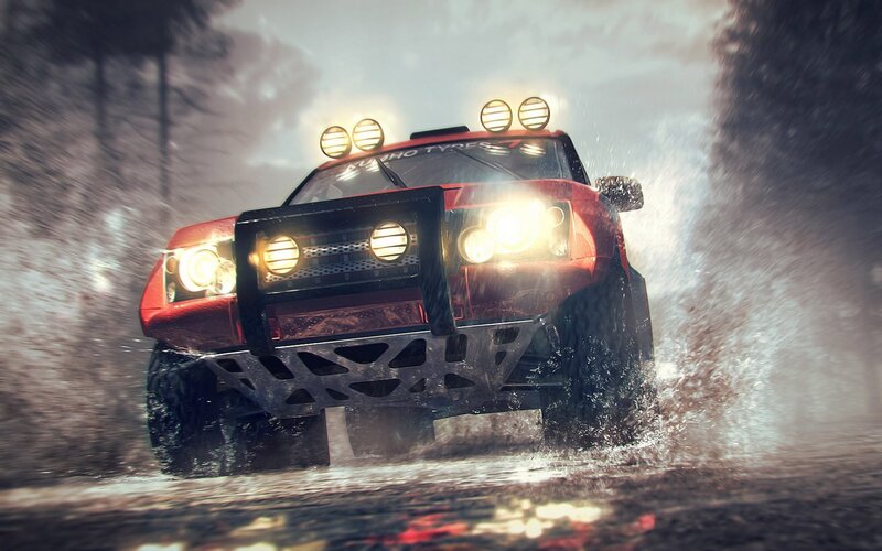 Red off-road vehicle in water