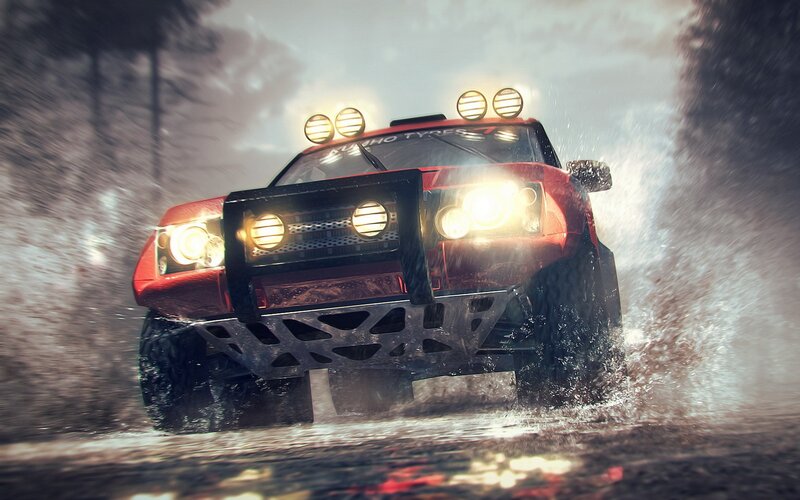 Red off-road vehicle in water