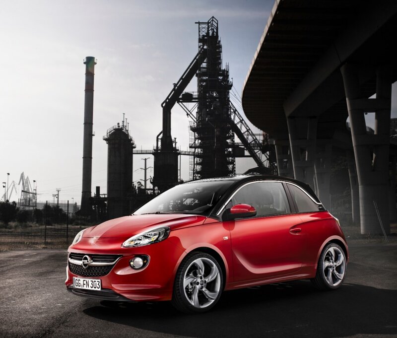 Red Opel Adam in industrial setting