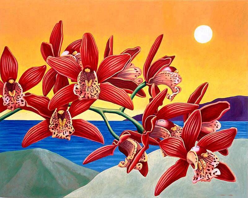 Red Orchid Flowers — Serene, Sunset, Painting